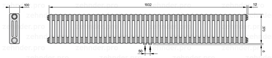 Схема (чертеж) Радиатор Zehnder Charleston 3037/42 №5410 Белый глянцевый RAL 9016